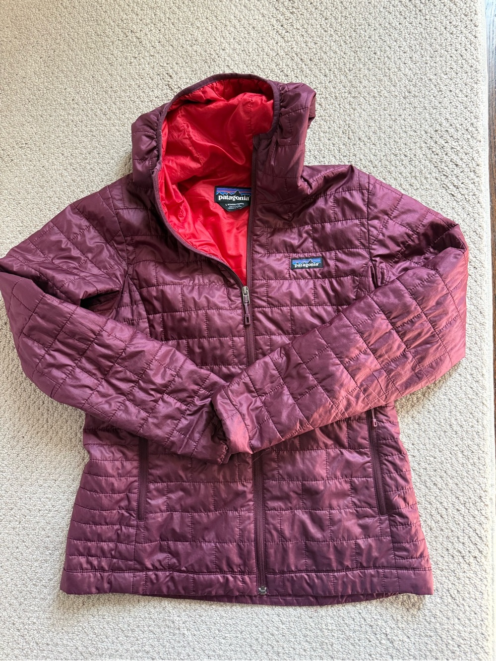 Patagonia Women's Quilted Puffer Jacket in Plum with Red Lining